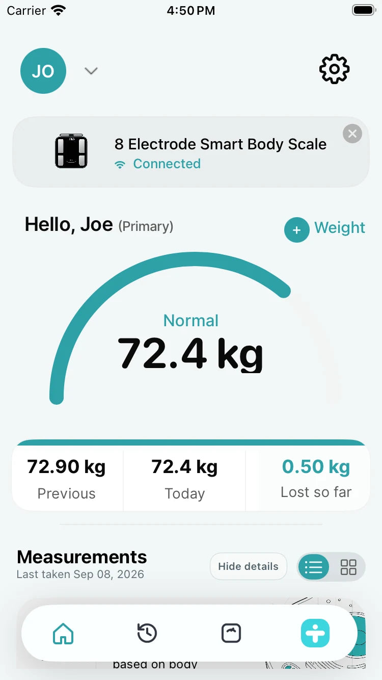 iHome app dashboard with sample weight reading