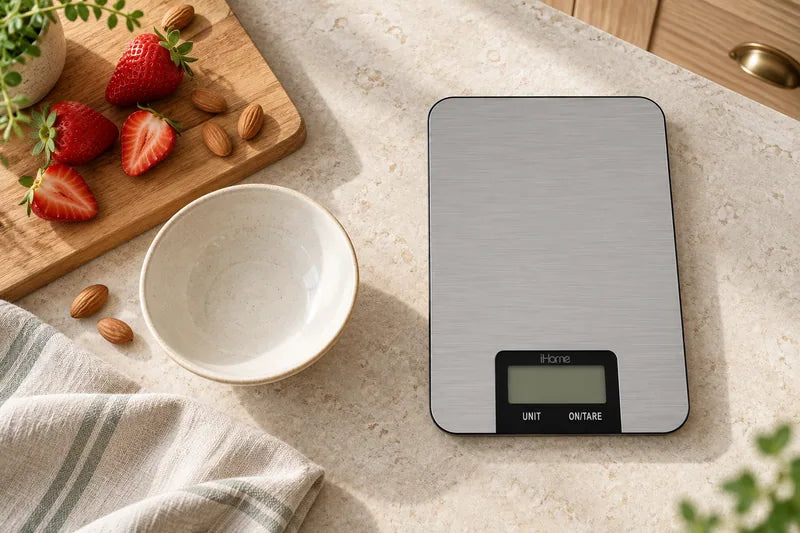 iHome Stainless Steel Kitchen Scale beside a bowl and fresh ingredients