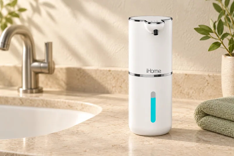 iHome Automatic Soap Dispenser beside a limestone sink