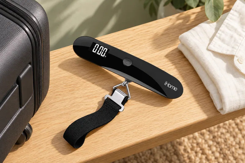 iHome Digital Luggage Scale on an oak bench beside a suitcase