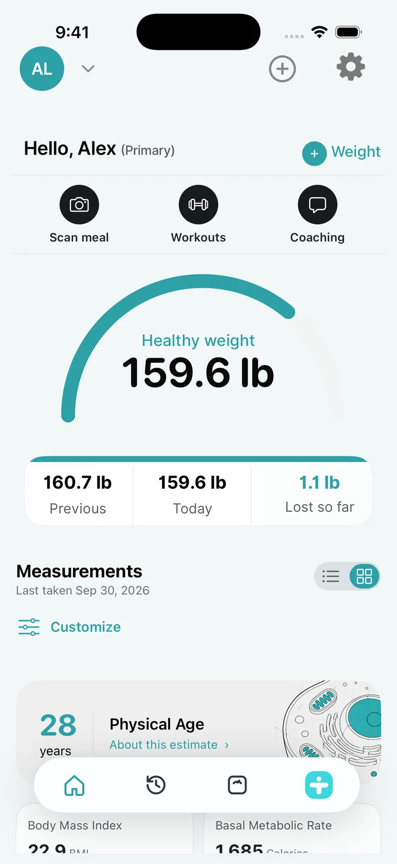 iHome app dashboard with example weight, body-composition readings, and a weight goal