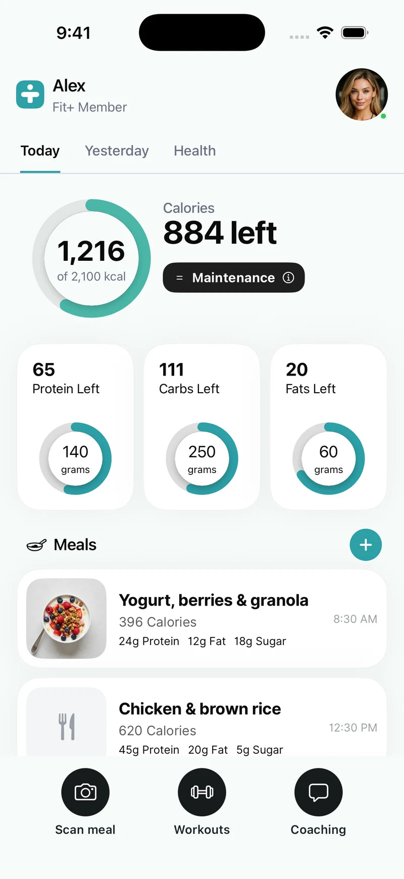 Daily calories and protein, carbohydrate, and fat targets with logged meals