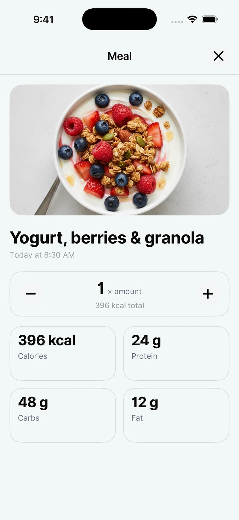 Meal detail showing estimated nutrition and a portion adjustment control