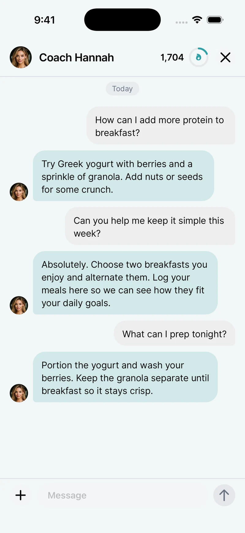 iHome app chat with AI Coach Hannah: a sample conversation about adding protein to breakfast and preparing meals