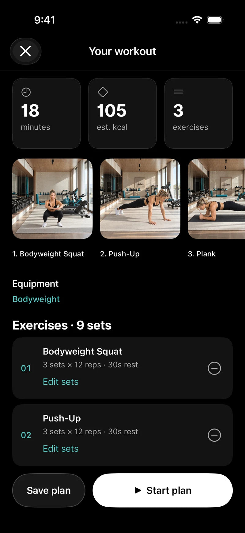 Fit+ workout plan with exercises and sets