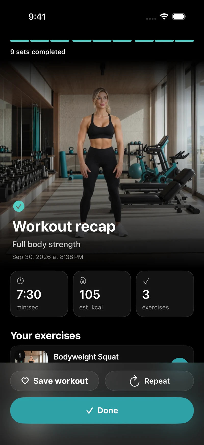 Fit+ workout recap showing completed exercises, duration, and estimated calories